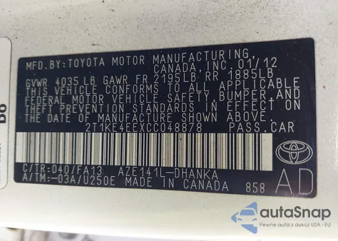 2012 Toyota Matrix S z USA, uszkodzony, nr VIN 2T1KE4EEXCC048878